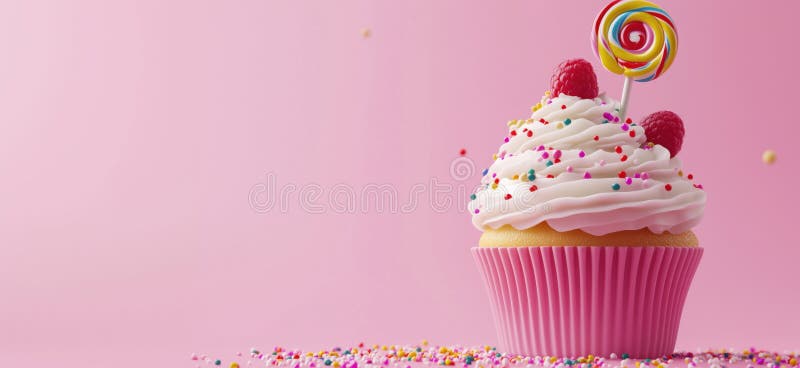 Färgkakor med sprinkler och lollipop på rosa bakgrundskopior för text arkivbilder