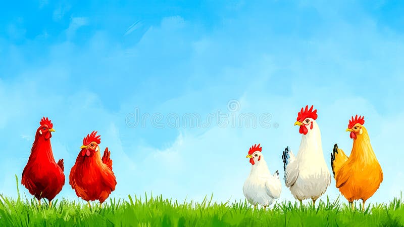 Färgkycklingar som inkräktar på gröngräs under blå himmel. Flera färgstarka kycklingar, inklusive röda vita och gula höns och rooster, samlas på gröngräset i ett solåda under en ljusblå himmel med vissa moln som alstras av AI