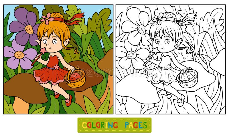 Färgläggningbok (den lilla fen med en korg av frukt) vektor illustrationer Färgläggningbok (den lilla fen med en korg av frukt) vektor illustrationer
