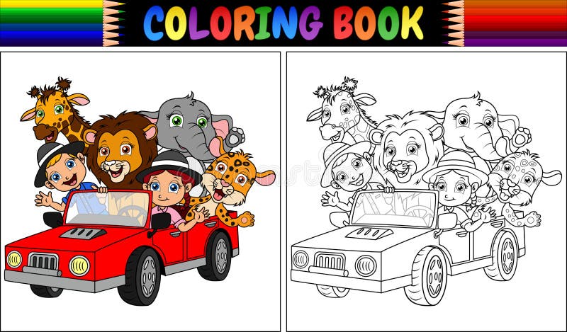 Färgläggningbok med roliga ungar och den djura tecknade filmen på den röda bilen stock illustrationer Färgläggningbok med roliga ungar och den djura tecknade filmen på den röda bilen stock illustrationer