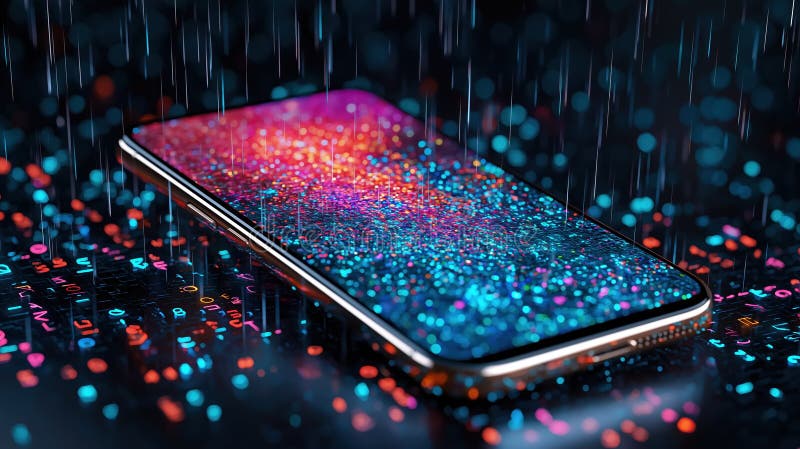 Färglöst digitalt regn på en smartphone-skärm på natten royaltyfri illustrationer