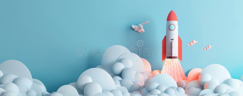 Färgmässig raketuppskjutning med moln i blå himmel 3d-rendering. rymdforskning och innovation stock illustrationer