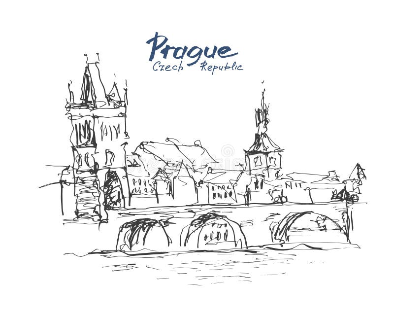 Färgpulver skissar linjen teckning av cityscape för den Prague gammal stadöverkanten med mummel stock illustrationer Färgpulver skissar linjen teckning av cityscape för den Prague gammal stadöverkanten med mummel stock illustrationer