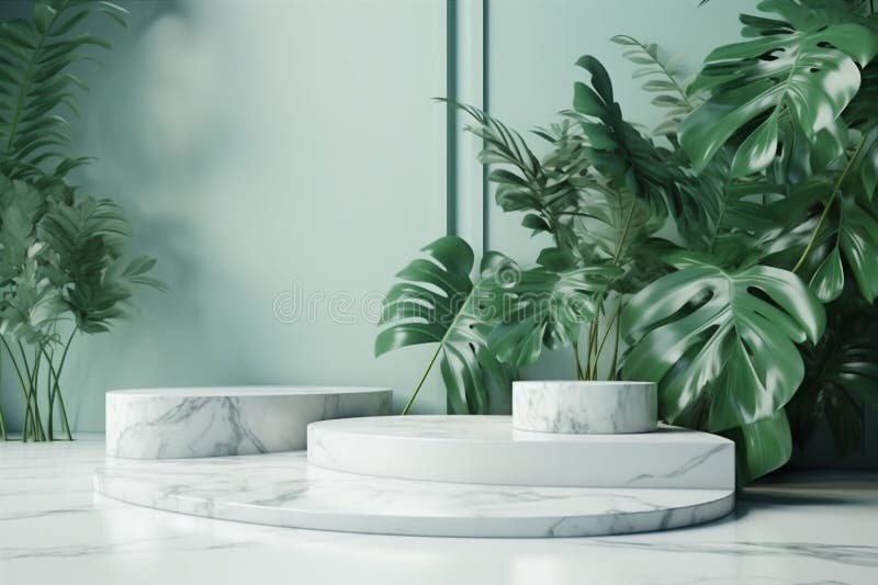 Färgregrön plattformsmock design marble kreativ podium space uppåt blad. generativ ai. stock illustrationer