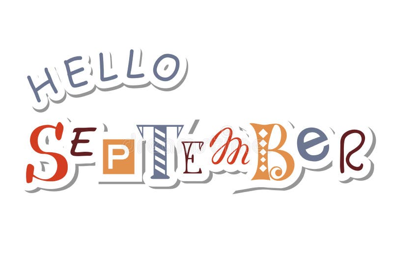 Färgrik bokstäver av Hello September med olika bokstäver i brunt och grå färger i papperssnitt utformar med skugga vektor illustrationer Färgrik bokstäver av Hello September med olika bokstäver i brunt och grå färger i papperssnitt utformar med skugga vektor illustrationer