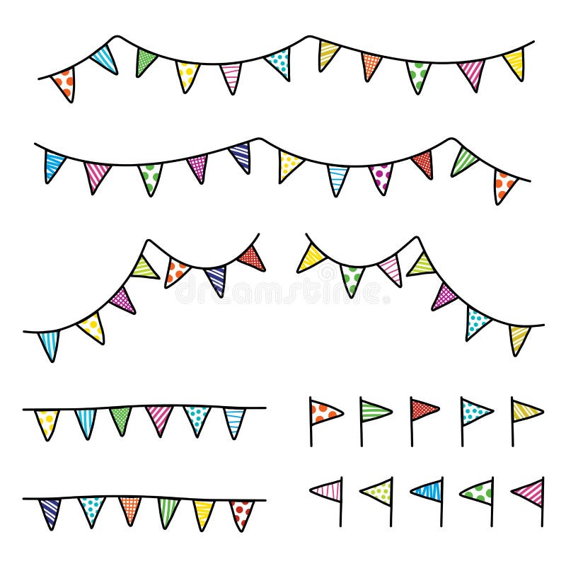 Färgrik bunting för vektorteckningsklotter, flaggatriangeluppsättning stock illustrationer Färgrik bunting för vektorteckningsklotter, flaggatriangeluppsättning stock illustrationer