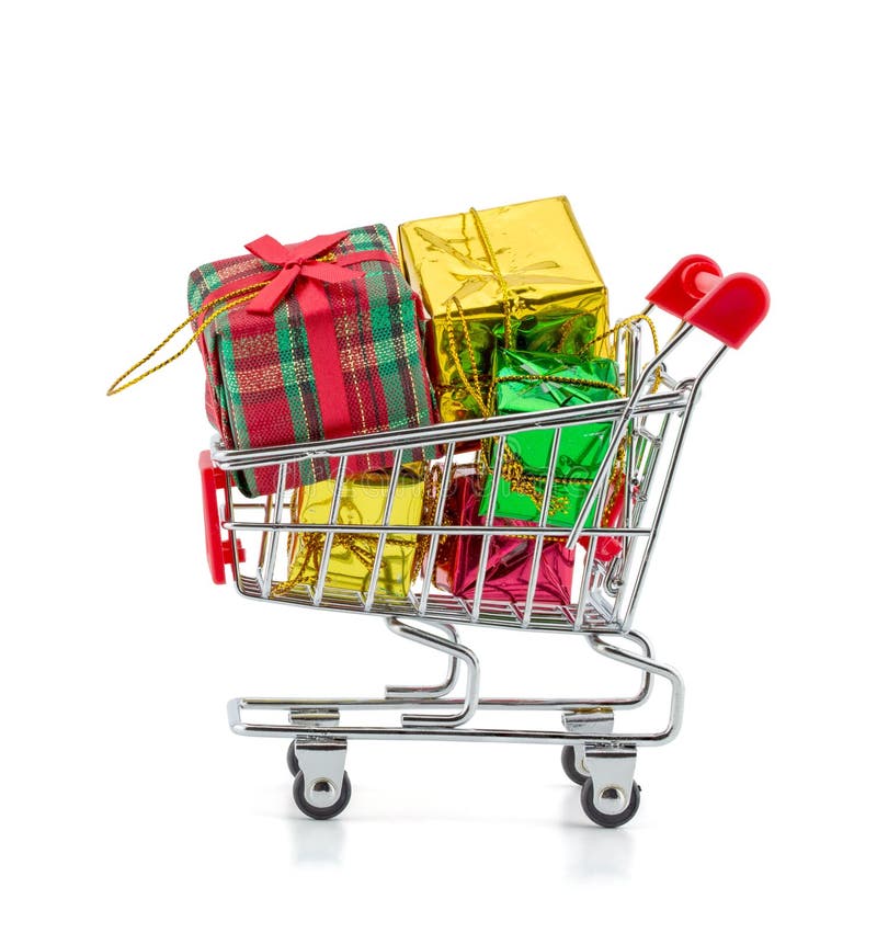 färgrik gåvaask, supermarketshoppingvagn arkivfoton färgrik gåvaask, supermarketshoppingvagn arkivfoton