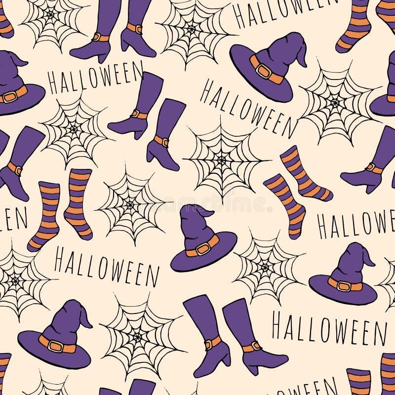Färgrik hand dragen vektorhalloween sömlös modell Inkluderar häxahatten, strumpor, skor och spindelrengöringsdukar royaltyfri illustrationer Färgrik hand dragen vektorhalloween sömlös modell Inkluderar häxahatten, strumpor, skor och spindelrengöringsdukar royaltyfri illustrationer