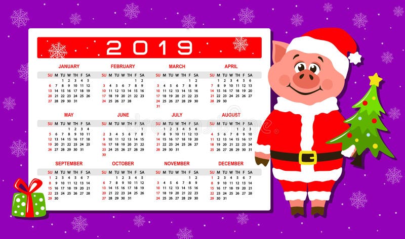 Färgrik kalender 2019 med ett svin i den Santa Claus dräkten stock illustrationer Färgrik kalender 2019 med ett svin i den Santa Claus dräkten stock illustrationer