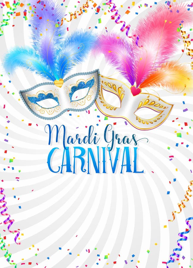Färgrik karnevalmaskeringar med mallen för fjädervektorMardi Gras affisch med konfettier och slingrande på vit bakgrund vektor illustrationer Färgrik karnevalmaskeringar med mallen för fjädervektorMardi Gras affisch med konfettier och slingrande på vit bakgrund vektor illustrationer
