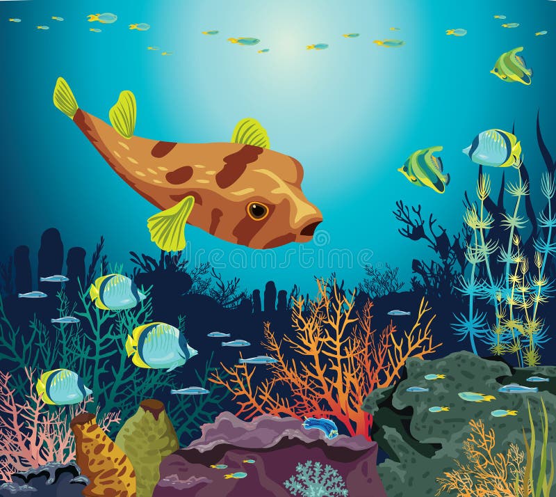 Färgrik korallrev med konturn av fiskar och undervattens- varelser på en blå havsbakgrund Vektorseascapeillustration royaltyfri illustrationer Färgrik korallrev med konturn av fiskar och undervattens- varelser på en blå havsbakgrund Vektorseascapeillustration royaltyfri illustrationer