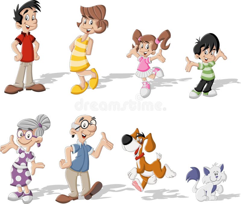 Färgrik lycklig tecknad filmfamilj med husdjur stock illustrationer Färgrik lycklig tecknad filmfamilj med husdjur stock illustrationer