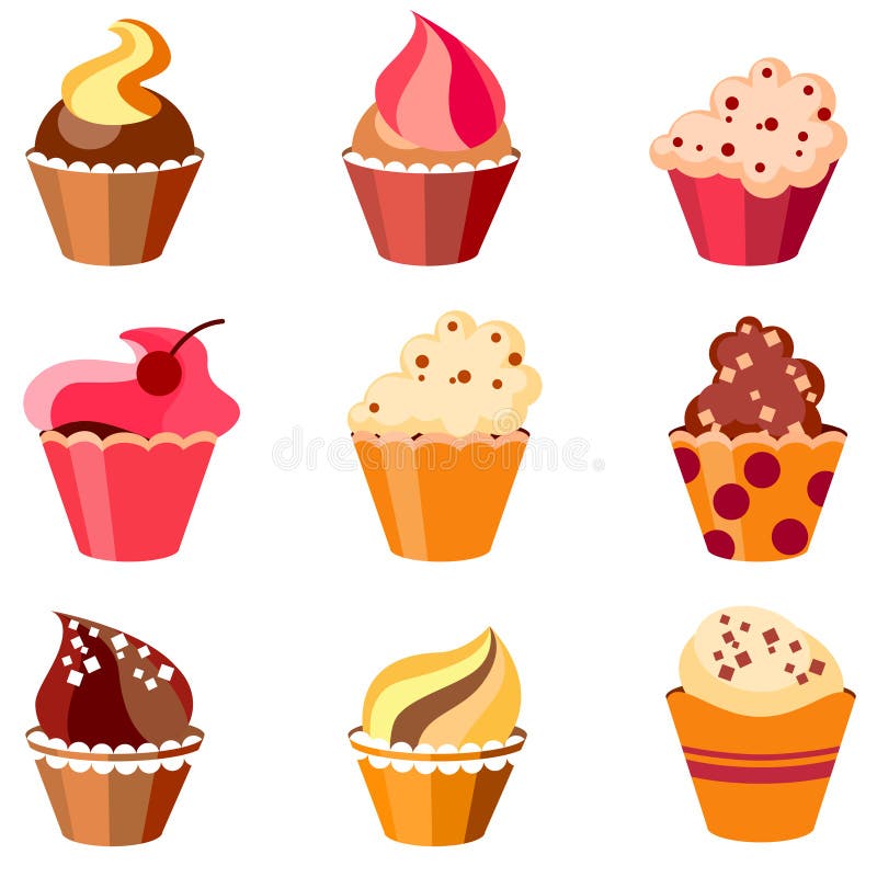 Nine different stylized cupcakes isolated on white background. Nine different stylized cupcakes isolated on white background