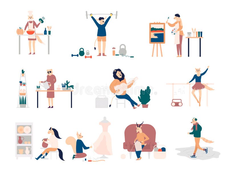 Färgrik plan stil av olika djur som gör olika sportar och hobbyer på vit bakgrund Ställ in av djur som har stock illustrationer Färgrik plan stil av olika djur som gör olika sportar och hobbyer på vit bakgrund Ställ in av djur som har stock illustrationer