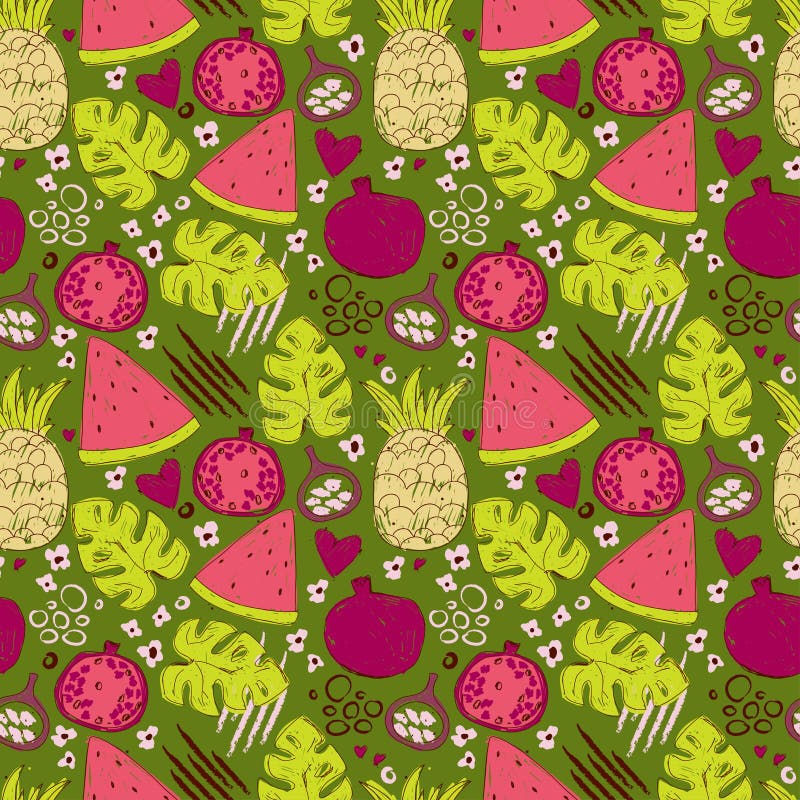 Färgrik sömlös modell med hand drog exotiska frukter royaltyfri illustrationer Färgrik sömlös modell med hand drog exotiska frukter royaltyfri illustrationer