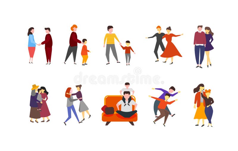 Färgrik uppsättning av par av familjer med ungesamlingen Män och isolerad vektorillustration för kvinna romantiska par i tecknad stock illustrationer