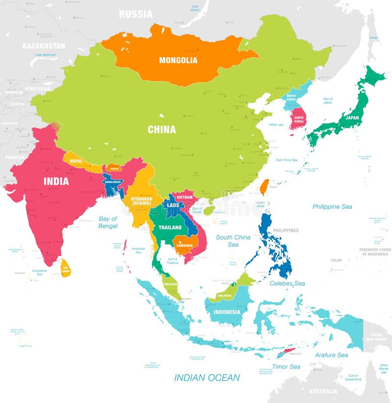 Färgrik vektoröversikt av East Asia