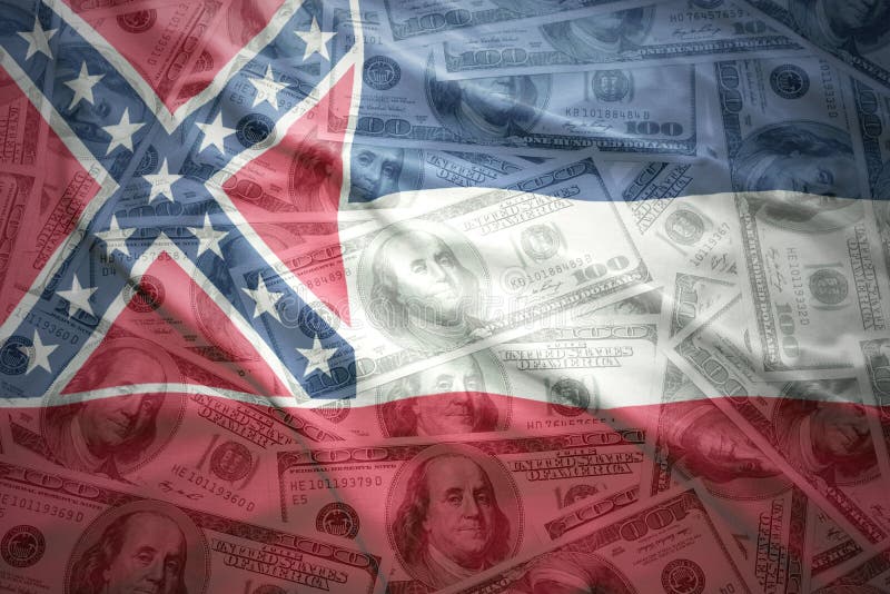 Färgrik vinkande mississippi statlig flagga på en amerikansk dollarpengarbakgrund royaltyfria foton Färgrik vinkande mississippi statlig flagga på en amerikansk dollarpengarbakgrund royaltyfria foton