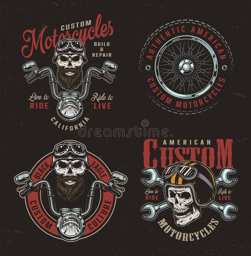 Färgrika beställnings- motorcykellogotyper för tappning vektor illustrationer Färgrika beställnings- motorcykellogotyper för tappning vektor illustrationer