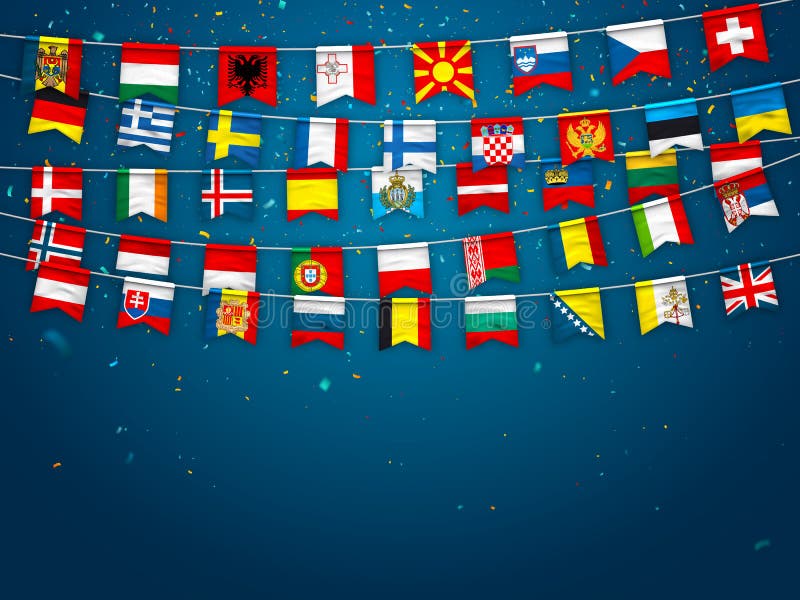 Färgrika flaggor av olika länder av Europaet med konfettier på blå bakgrund Festliga girlander av det internationellt royaltyfri illustrationer Färgrika flaggor av olika länder av Europaet med konfettier på blå bakgrund Festliga girlander av det internationellt royaltyfri illustrationer