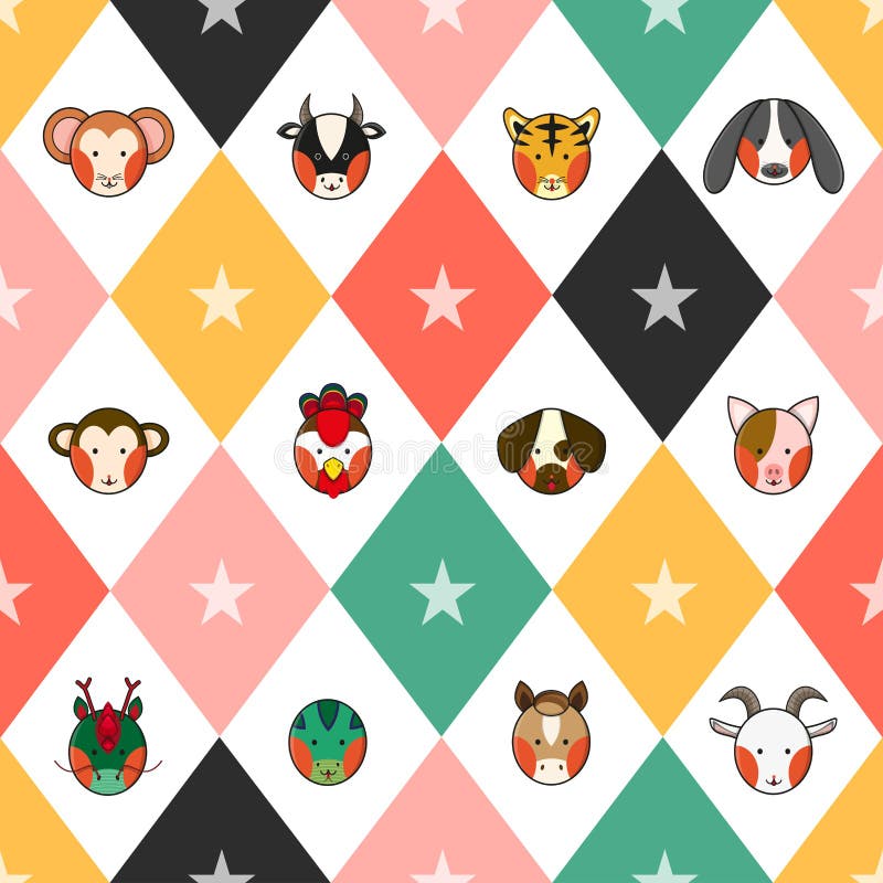 Färgrika kinesiska för teckenschack för zodiak 12 djurt bräde Diamond Background vektor illustrationer Färgrika kinesiska för teckenschack för zodiak 12 djurt bräde Diamond Background vektor illustrationer