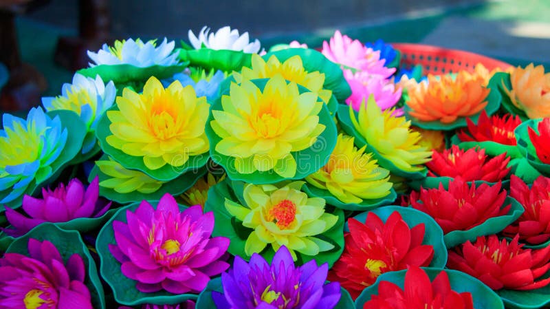 Färgrika Lotus Flowers gjorde av plast- konstgjorda Lotus Flower arkivfoton Färgrika Lotus Flowers gjorde av plast- konstgjorda Lotus Flower arkivfoton