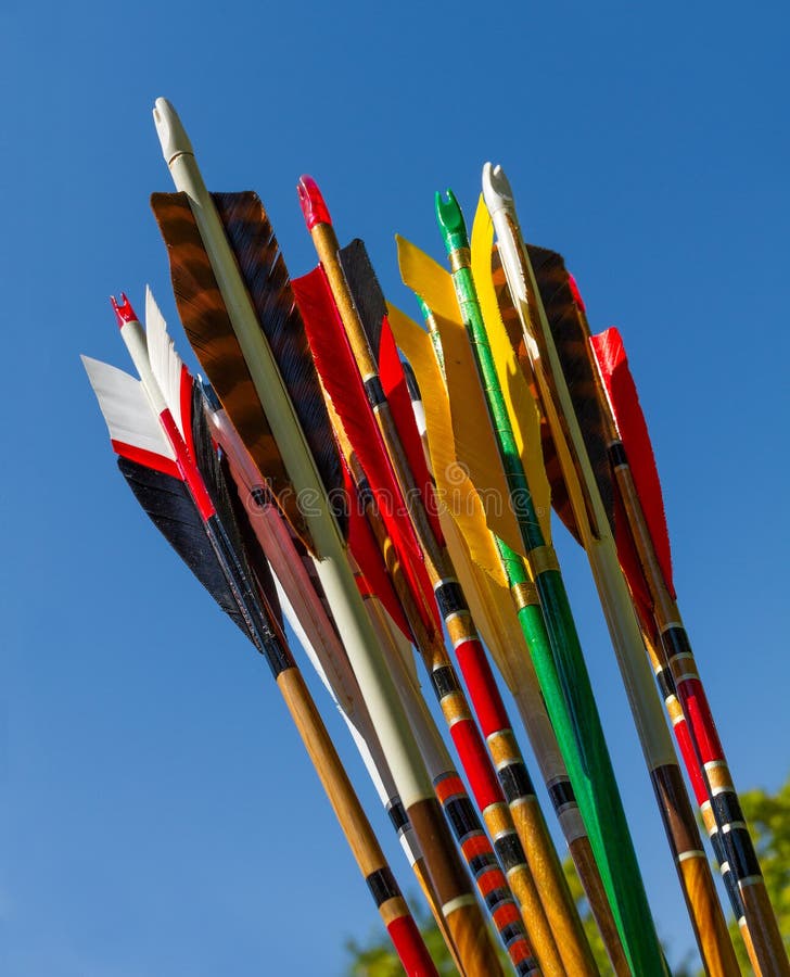 Colorful arrows for target archery against blue sky. Colorful arrows for target archery against blue sky