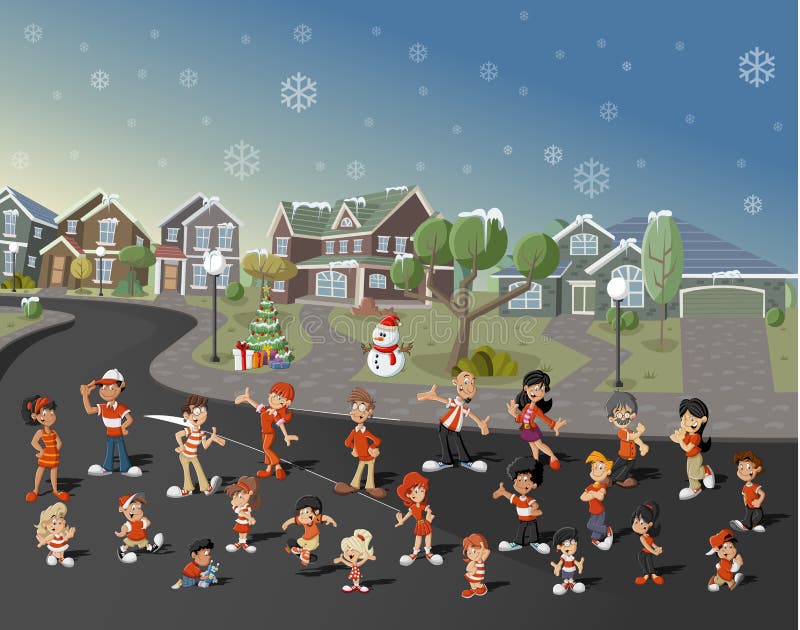 Colorful cute happy cartoon people on suburb neighborhood on christmas night. Colorful cute happy cartoon people on suburb neighborhood on christmas night