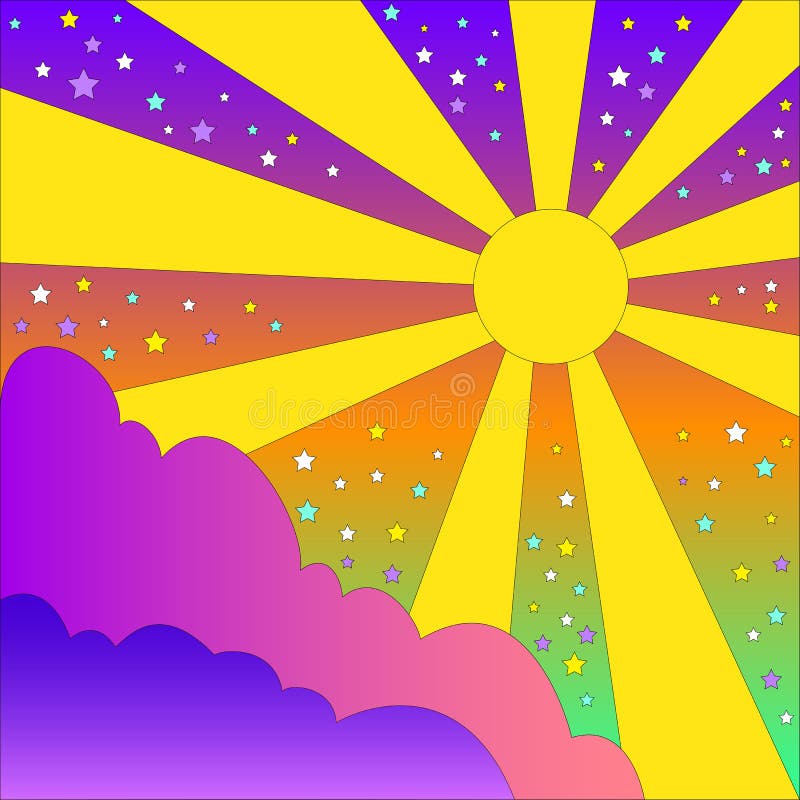 Färgrikt psykedeliskt landskap för tappning med solen och moln, stjärnor Bakgrund för lutning för vektortecknad film livlig royaltyfri illustrationer Färgrikt psykedeliskt landskap för tappning med solen och moln, stjärnor Bakgrund för lutning för vektortecknad film livlig royaltyfri illustrationer