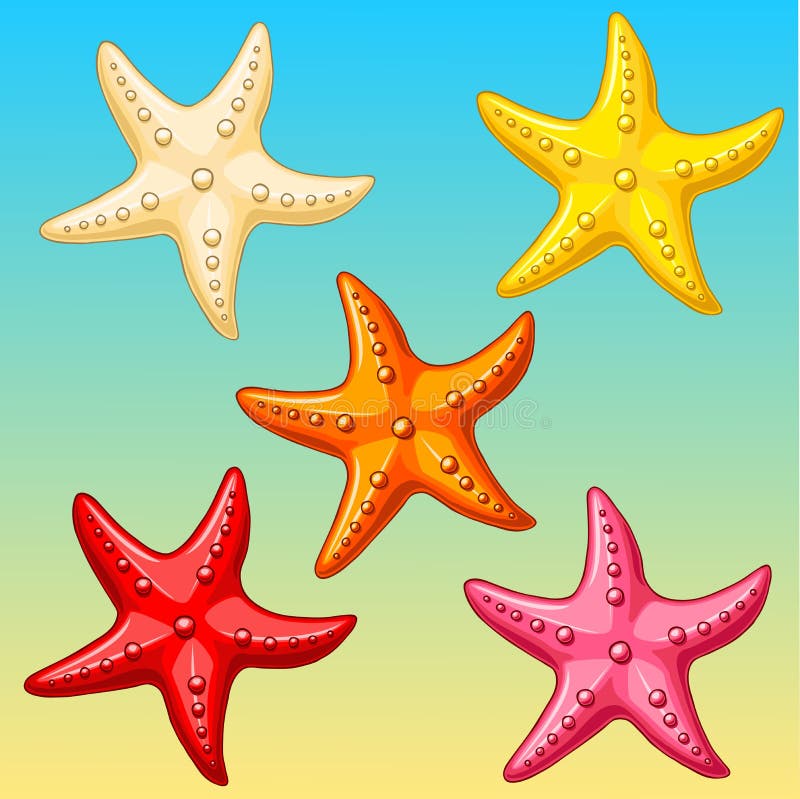 Färgsjöstjärna för uppsättning fem på guling-blått stock illustrationer Färgsjöstjärna för uppsättning fem på guling-blått stock illustrationer
