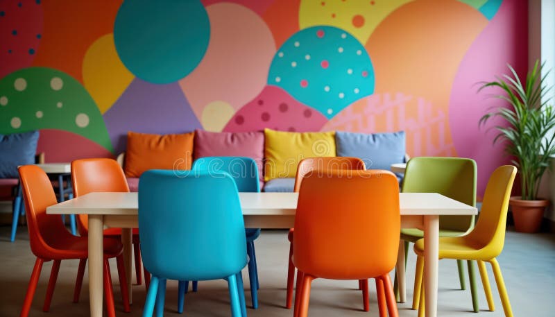 Färgstark, snygg inre med pulserande monell bakgrund. tomma bordstolar för barnstudenter. modern design. inomhusrum. kul inspirerande atmosfär. lämpliga för caféskolor. ai genererad