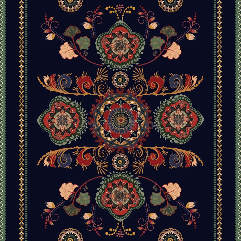 Färgstark, sömlös vektordesign för mattor, mattor, tapis Sömlöst prydnadsmönster Geometrisk floral stock illustrationer
