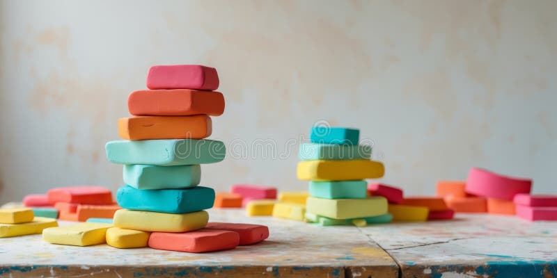 Ai genererad. färgstarka block med modellering av lera som staplats på en texturerad yta i en kreativ arbetsyta