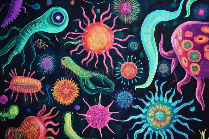 Färgstarka virus- och bakterieceller stock illustrationer