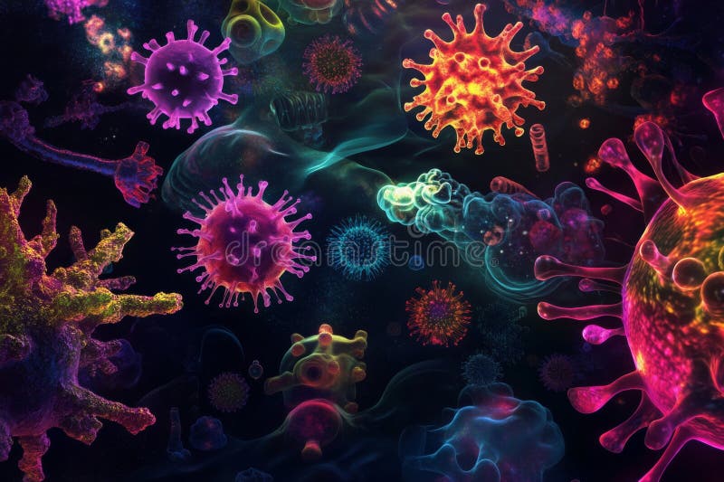 Färgstarka virus- och bakterieceller stock illustrationer