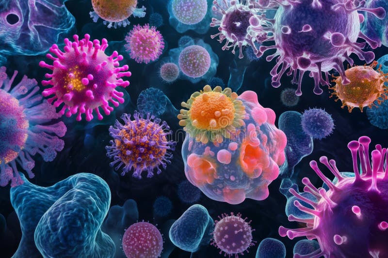 Färgstarka virus- och bakterieceller stock illustrationer