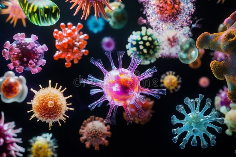 Färgstarka virus- och bakterieceller stock illustrationer