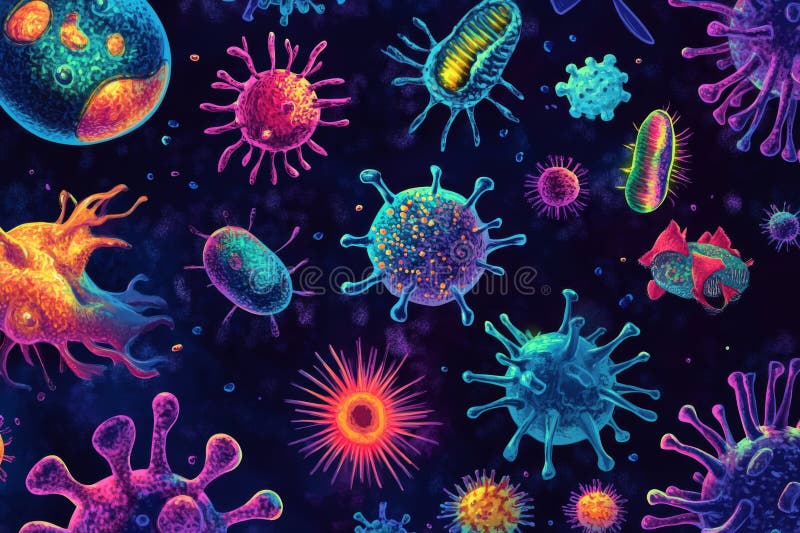 Färgstarka virus- och bakterieceller stock illustrationer