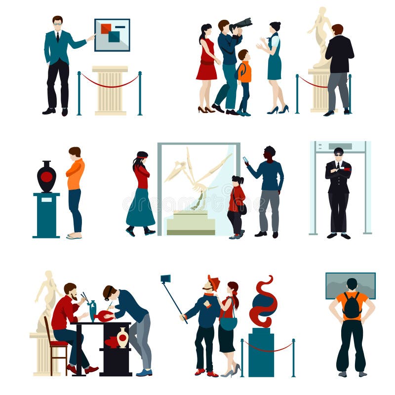 Färgsymbolsuppsättning av folk som besöker utställning vektor illustrationer Färgsymbolsuppsättning av folk som besöker utställning vektor illustrationer