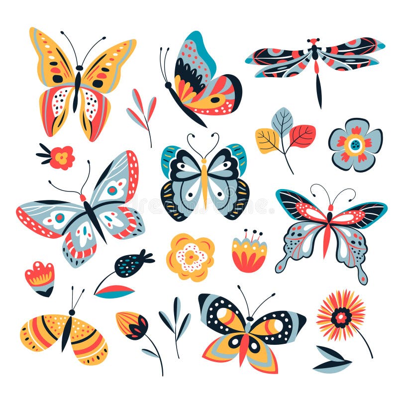 Färgteckningsfjäril Fjärilar mal och blommor Samling för tappningkrypvektor vektor illustrationer Färgteckningsfjäril Fjärilar mal och blommor Samling för tappningkrypvektor vektor illustrationer