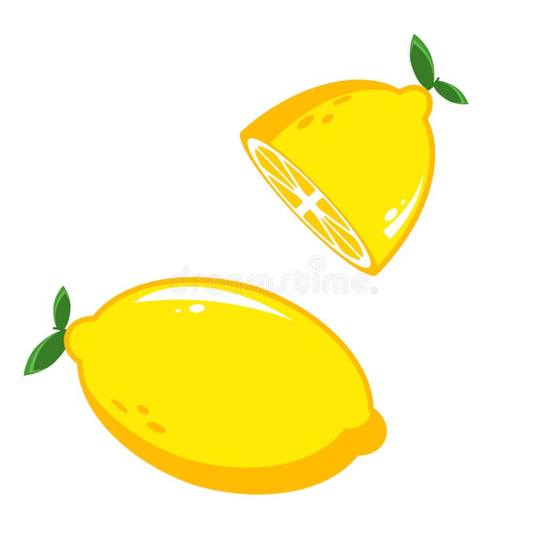 Färsk hel och styckad i halv citronfrukt. Mogna citronblad med gröna blad. isolerad på vit bakgrund. vektorillustration stock illustrationer