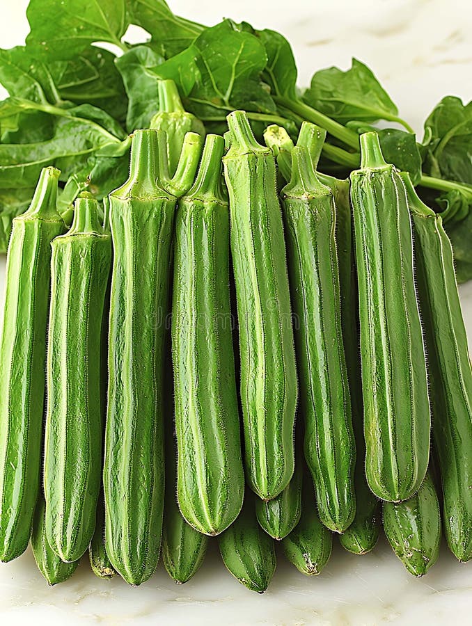 Färsk levande grön okra som är placerad i en visuellt tilltalande pil mot en bakgrund av spenatblad vektor illustrationer