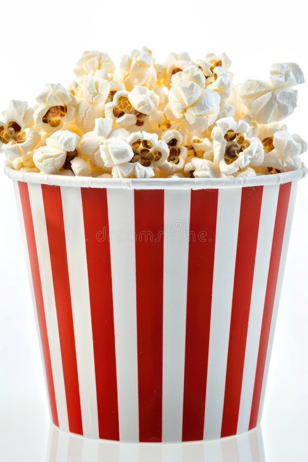 Färsk popcorn i en röd och vit strimlad bucket perfekt för filmnätter royaltyfri bild