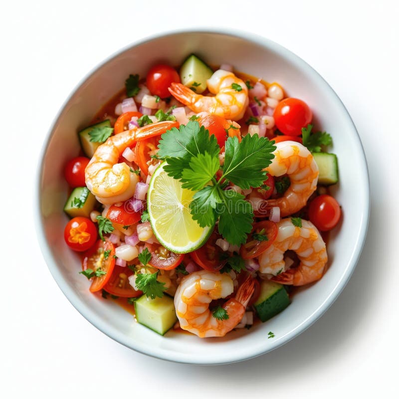 Färsk skaldjursceviche med kalkcilantro tomater gurklök i vit skål. Rå fisksallad. Peruanska latin vektor illustrationer