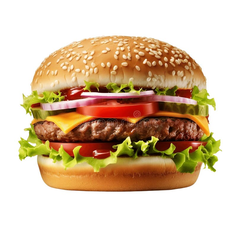 Färsk smakburgare isolerad på genomskinlig vit bakgrund. juicy cheeseburger för meny royaltyfri illustrationer