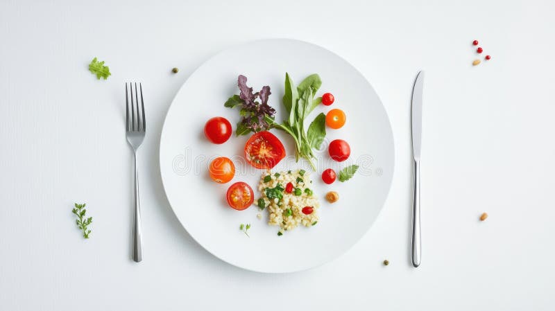 Färska grönsaker och magert protein som är vackert placerade på en minimalistisk platta som visar hälsosam mat royaltyfria bilder