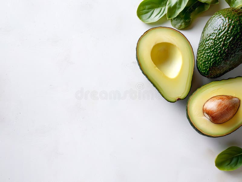 Färska mogna avokado-halvor med frö- och grönblad stock illustrationer