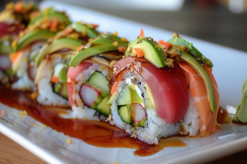 Färska sushi-rullar med gurkavaj och lean Protein på minimalistplåt för kulturell design arkivfoto