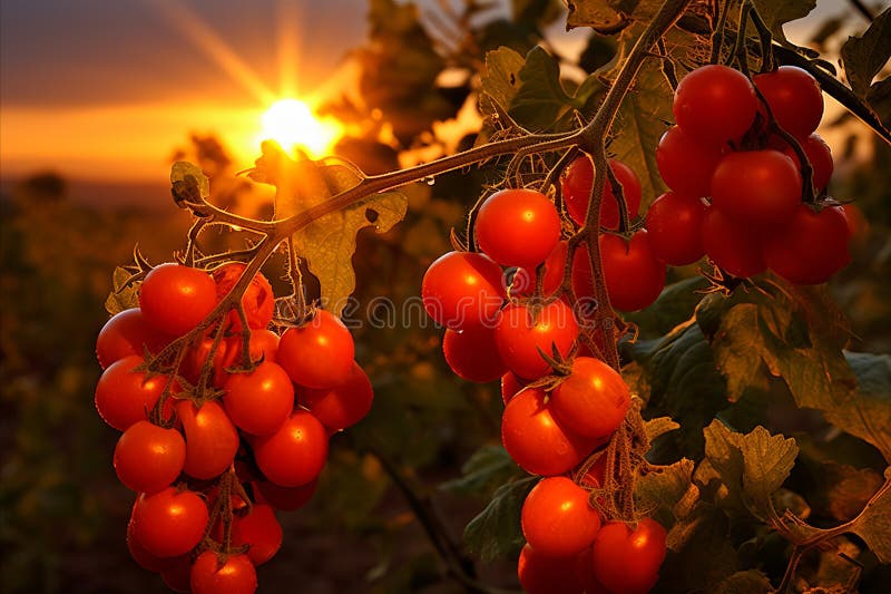 Färska tomatskott som växer i lush-fält med starkt stigande sol i bakgrunden stock illustrationer