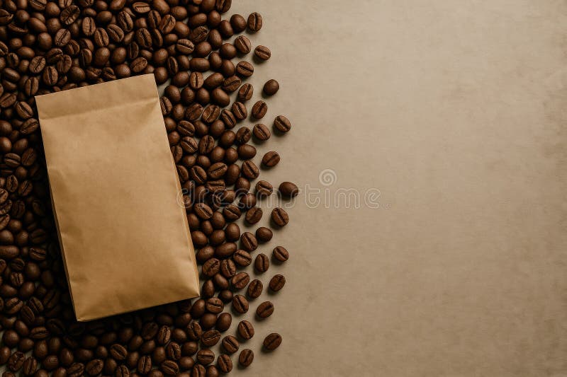 Färskrostade kaffebönor omger en brunt pappersbag på en texturerad yta i en varm inbjuden atmosfärsgenerativ. En bruna papperspåse fylld med nyrostade kaffebönor placeras på en texturerad yta och skapar en varm och inbjudande kaffemiljö. AI genererad